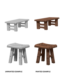 WizKids Deep Cuts Unpainted Miniatures: Wooden Table & Stools 72593: www.mightylancergames.co.uk