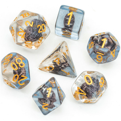 RPG Dice clear dice with gold numbers and a little boat upon a sea of blue glitter.