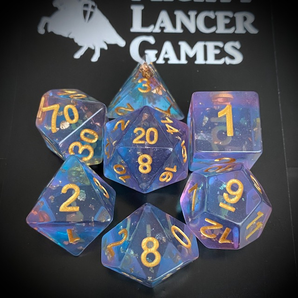 risp edged gem dice have infusions of purple and pink colours as well as flakes of silver and gold and gold numbers . Sharp edge Scattered Stars RPG D20 dice set 