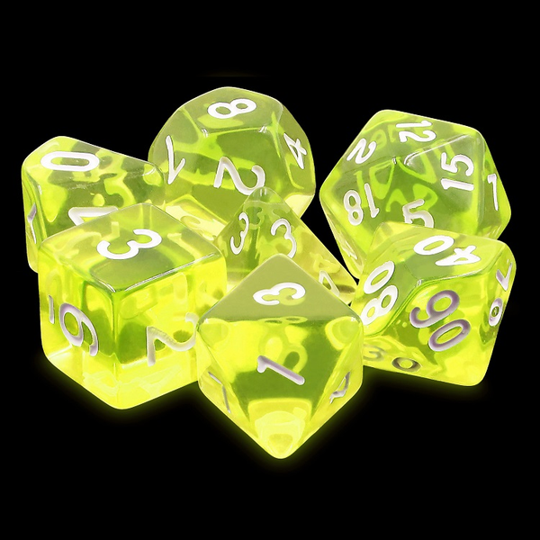 A set of Sun Yellow Gem dice for use with D&D or the d20 open game system. These pale yellow dice have white numbers and a semi translucent look. 