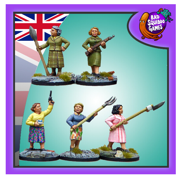 Bad squiddo gaming miniatures, this image has a purple boarder, the united kingdom flag in the top left and the bad squiddo logo in the top right. eaturing ladies wearing different clothing, three with more home made weapons, one with a rifle and one with a hand gun in one hand and a cup and saucer in the other.