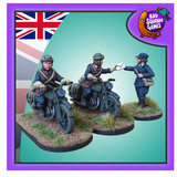 Bad squiddo gaming miniatures, this image has a purple boarder, the united kingdom flag in the top left and the bad squiddo logo in the top right. 2 Ladies on motorcycles and one handing them a letter. Female Despatch Riders