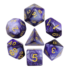 RPG Dice dark purple white D20 dice set. Elemental two-tone dice in dark purple blue and white swirling colours with gold numbers