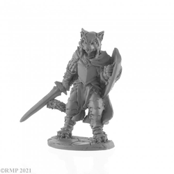 Catfolk Paladin from Reaper Miniatures Dark Heaven Legends range holding a sword in one hand and a shield in the other. 