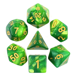 Elemental two-tone dice in glorious green with gold numbers. Elemental Meadow Green RPG Dice set