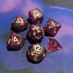 Shimmering clouds of rich purple with a hint of forest green and silver numbers make these Storm Gem Wizards Hat dice 