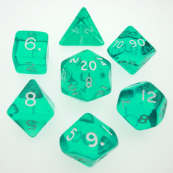 sea blue dice have white numbers and a semi translucent look. Aquamarine GEm dice D20
