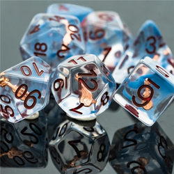 RPG character dice set, crimson numbers, blue hue, grey swirl colour and a violin instrument shape in each one