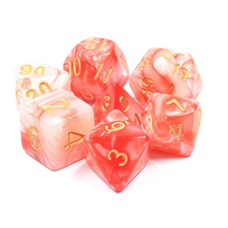 Elemental Bloody Jade RPG D20 dice set. Elemental two-tone dice with swirls of white and rich red  and gold numbers,