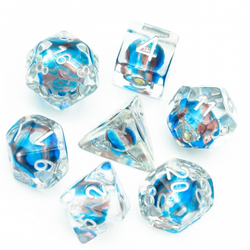 RPG D20 dice set. These transparent dice have silver numbers and contain a round bead in shimmering bright blue and a purple brown colour 