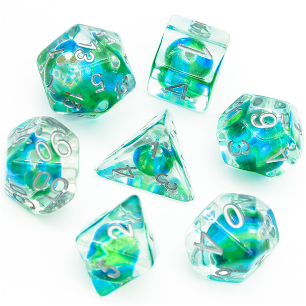RPG Dice, transparent dice have silver numbers and contain a round bead in shimmering sea blue and green colour 