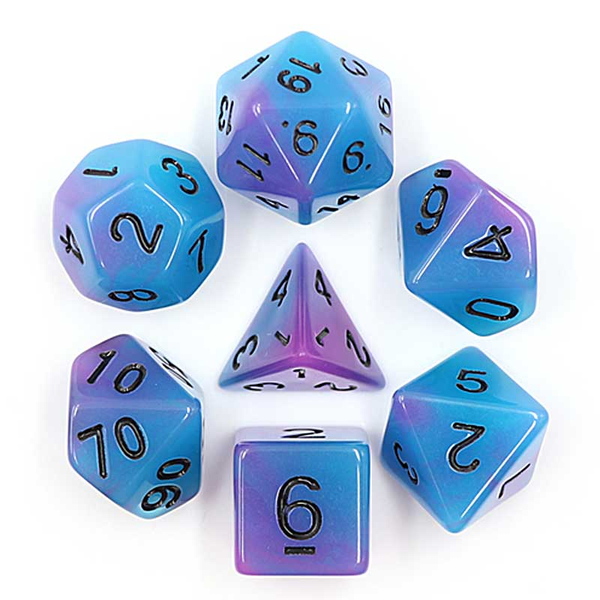 Blue Purple Glow Poly Dice Set. RPG D20 dice set