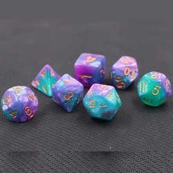A set of Byzantium mythic dice for use with D&D or the d20 open game system. These shimmering purple, blue and green dice have gold numbers for your tabletop games and dice collection.