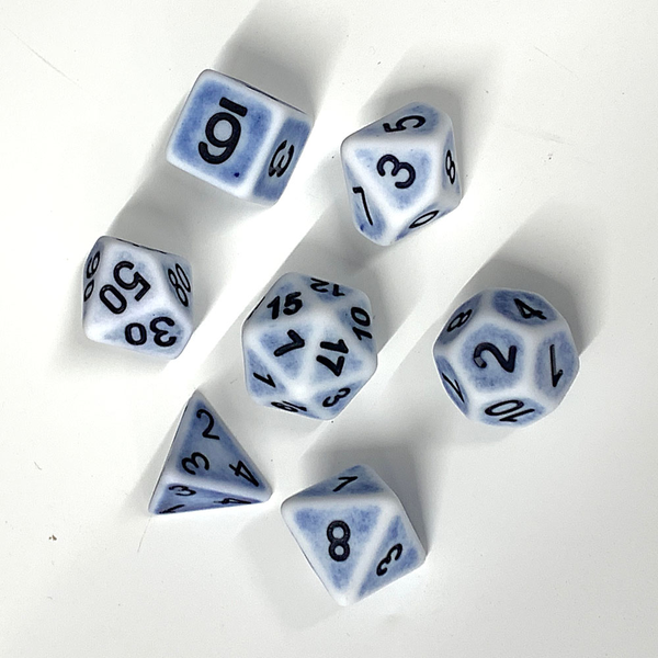 weathered ancient Cerulean Blue RPG dice with a blue colouring and black number. RPG D20 dice set