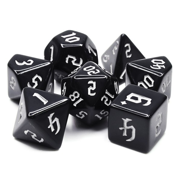 Chaos Chondrite RPG dice in black with white chaos numbers. RPG D20 dice set 