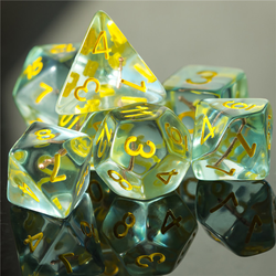 RPG character class dice, yellow numbers and a mace/club shape in each one 