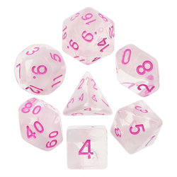Elemental Cloudy Passion White RPG D20 dice set. Elemental two-tone dice with swirls of white and pink numbers,