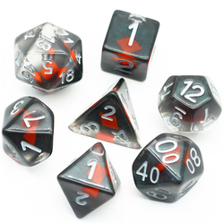 Entombed Shape of My Heart Diamonds poly dice set . These unusual dice have silver numbers and contain a red diamond shape upon a bed of black and green shimmer.