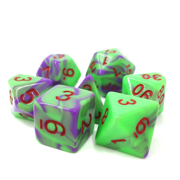 Elemental Dice Set D20 Poly- Purple/Green with red numbers