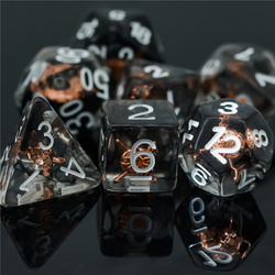 RPG character class dice, white numbers, black swirling colour and a shield with two swords going through it shape in each one