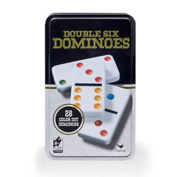Classic Double 6 colour Dominoes in black & gold tin