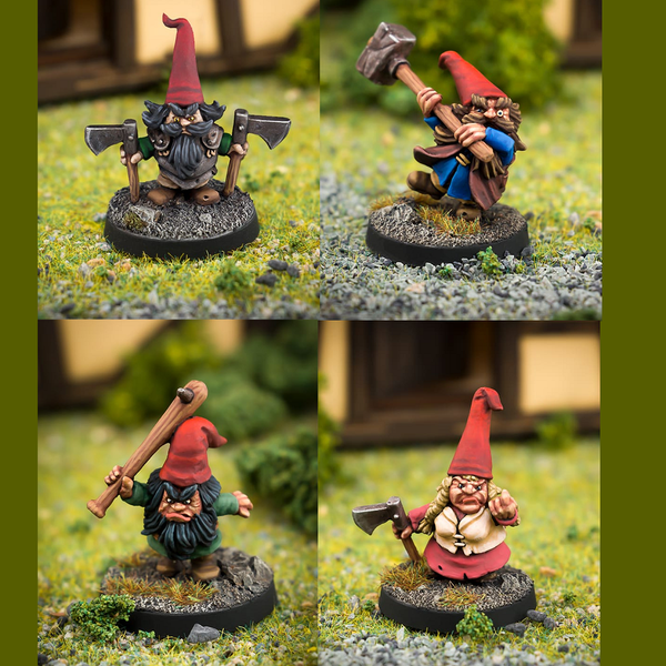 Gnome More Mr Nice Guys by Northumbrian Tin Solider is a pack of four very angry gnomes holding various weapons 