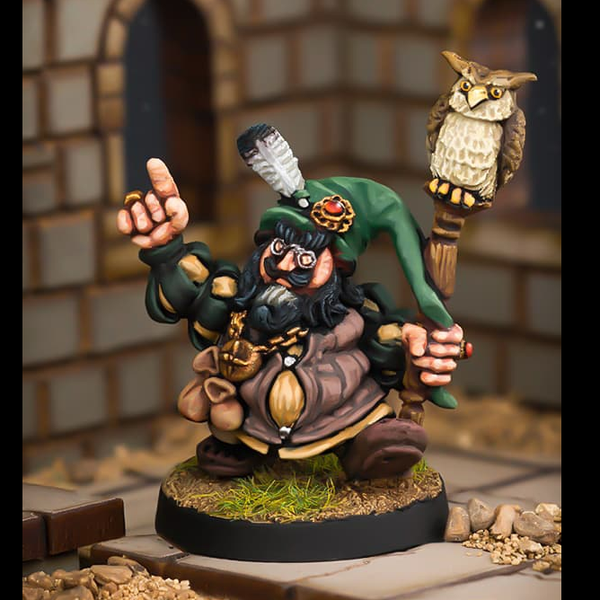The Great Melvyn by Northumbrian Tin Solider a dwarf wizard that carries a owl staff, wears wealthy clothing and jewels as well as money bags at his hip