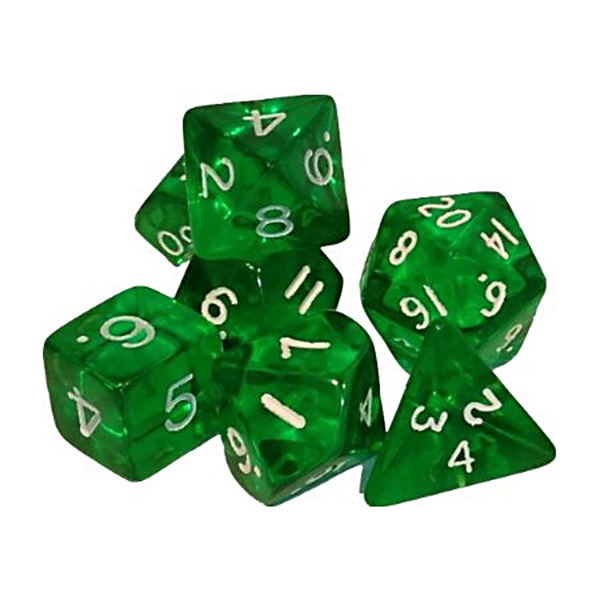 A set of Green Gem dice for use with D&D or the d20 open game system. These forest green dice have white numbers and a semi translucent look. 