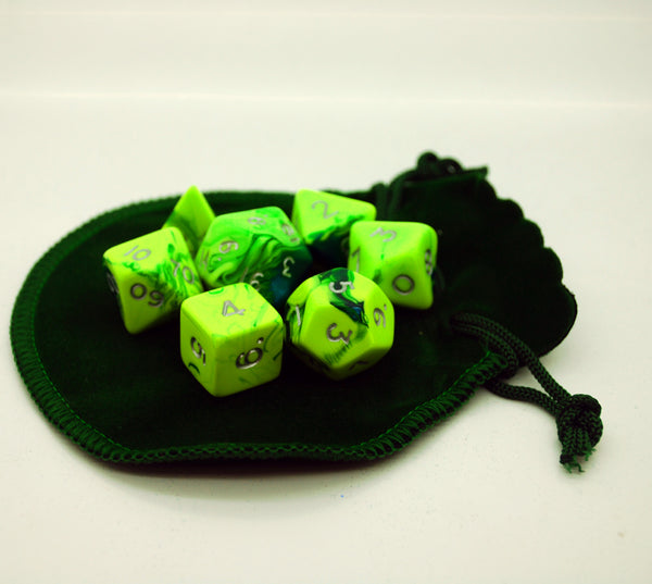 small green dice bag