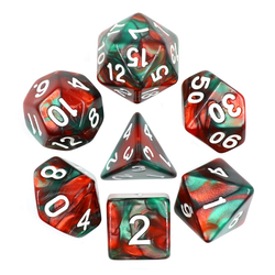 Elemental Red Green RGP D20 dice set. Elemental two-tone dice in rich green and red with easy to read white numbers