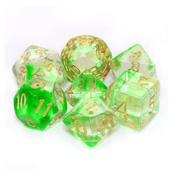 Storm Green ripple RPG D20 dice set. Storm gem dice with clouds of green colour and gold numbers 