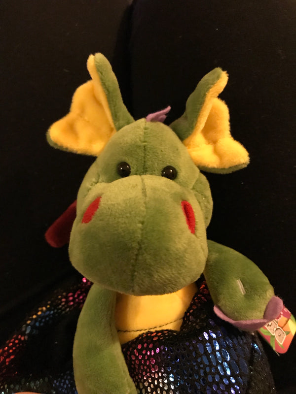 GREEN BABY DRAGON IN MULTI COLOURED EGG 20CM SOFT PLUSH TOY