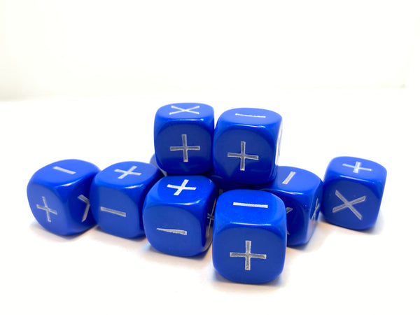 Blue D6- 10 x 16mm Six sided dice marked +,-, X (16PMTD6)