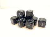 Black D3- 10 x 16mm Six sided dice marked 1-3 (16B3D6)