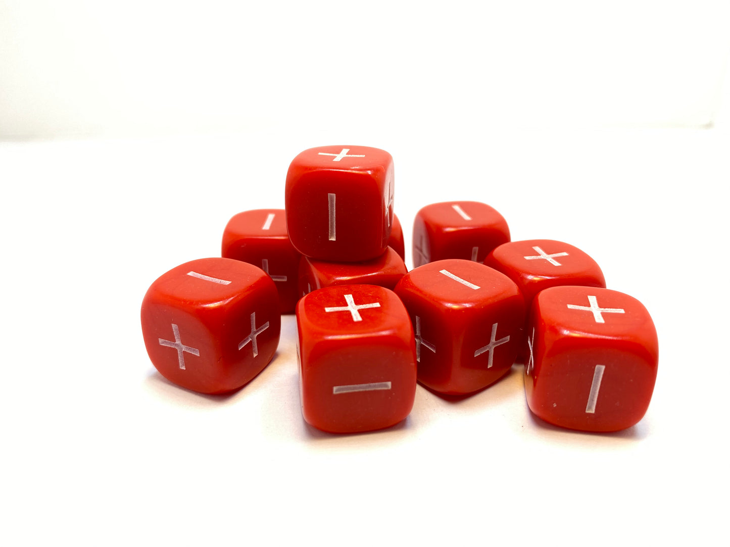 Red D6- 10 x 16mm Six sided dice marked +,- (16PMD6)