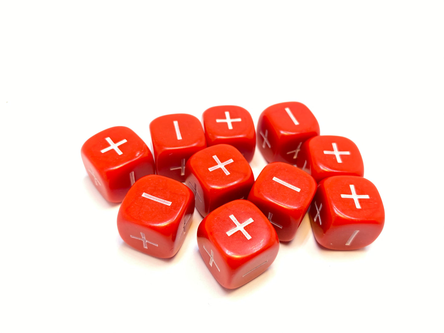 Red D6- 10 x 16mm Six sided dice marked +,- (16PMD6)