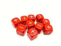 Red D6- 10 x 16mm Six sided dice marked +,- (16PMD6)