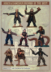 ready made Posse to use in the game Dracula's America: Forbidden Power.
Joining this Faction means throwing in your lot with deranged fanatics who live and die to serve unspeakable eldritch horrors from another dimension. Beware – the rewards are great, but the price may be far greater!
The Church of Dagon is made up of 8 figures:
1x Priest of Dagon
1x Emissary of Dagon
1x Tentacled Hybrid
1x Scaley Hybrid
4x Cultists of Dagon (3 with pistols, 1 with rifle).
All miniatures are 28mm sized. 
 :www.mightylance