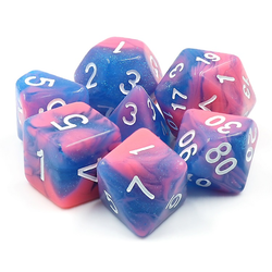 A set of Miami Vice mythic dice for use with D&D or the d20 open game system. These bright pink and blue dice have a subtle sparkle running through them and white numbers for your tabletop games and dice collection.