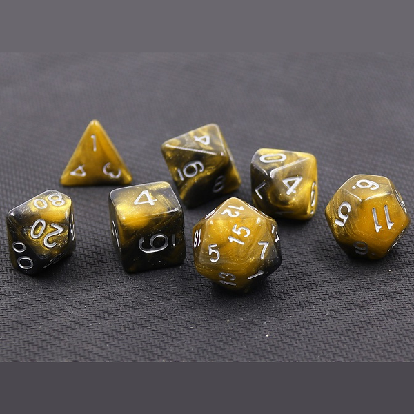 A set of Monarch mythic dice for use with D&D or the d20 open game system. These dark and gold subtle sparkle dice have silver numbers for your tabletop games and dice collection.