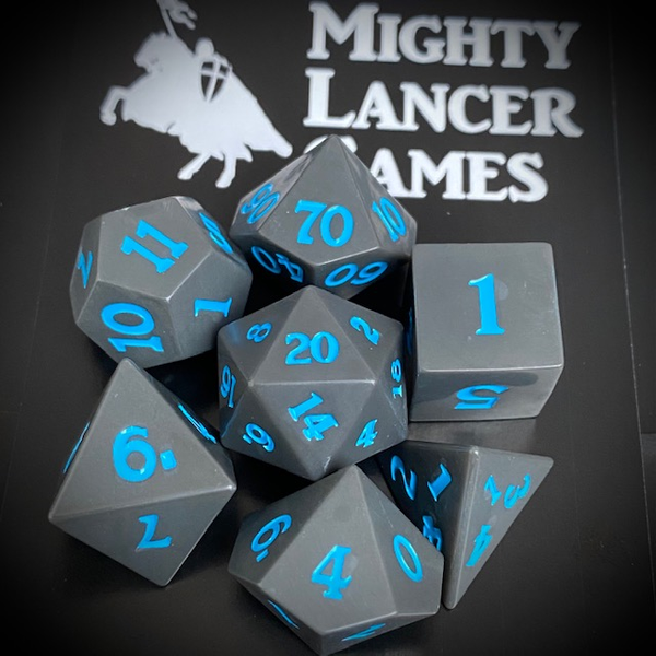 Sharp edge poly dice set for your RPG game in flat slate grey with blue numbers. RPG D20 dice set 