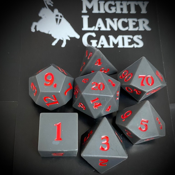 Sharp edge poly dice set for your RPG game in flat slate grey with red numbers.. RPG D20 dice set 