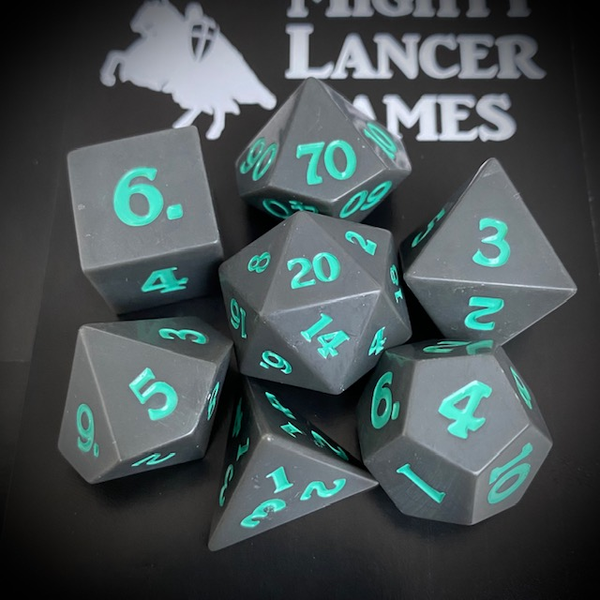 Sharp edge poly dice set for your RPG game in flat slate grey with teal numbers. rpg d20 dice set 