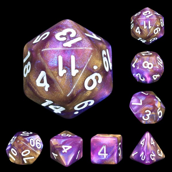 A set of  Royal Purple mythic dice for use with D&D or the d20 open game system. These fantastic dark coppery colour and shimmering purple dice have white numbers for your tabletop games and dice collection.