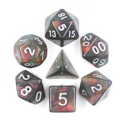 A set of Night Wish mythic dice for use with D&D or the d20 open game system.  sumptuous dark and purple swirling sparkle dice with silver numbers 