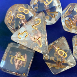 RPG Character dice, paladin. chunks of gold shimmer, gold numbers and a copper helmet shape in each one