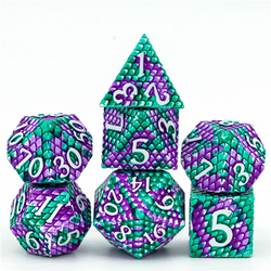Dragon Scale White Purple Green Metal Dice. hese nice and weighty metal dice have a raised dragon scale pattern all over them in a green and purple colour with flecks of white and white numbers. 