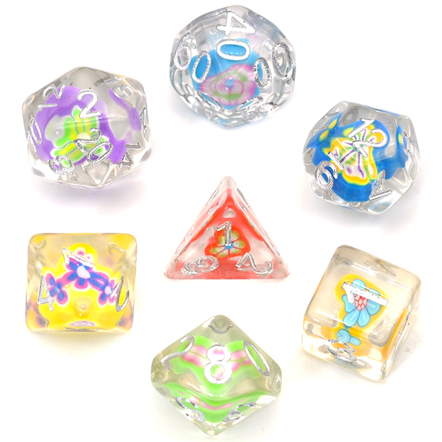 Entombed Peach Heart gem poly dice with silver numbers