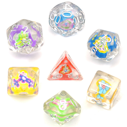 Entombed Peach Heart gem poly dice with silver numbers