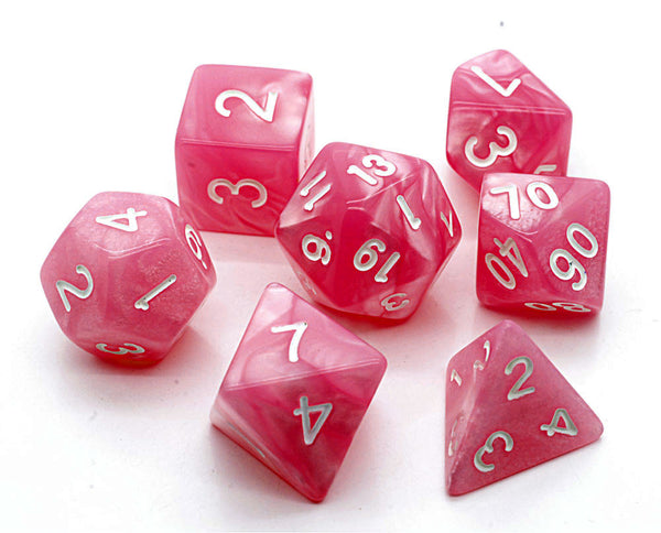Pearl D20 Poly Dice set -Rose - set of deep rose pink pearl dice with easy to read white numbers